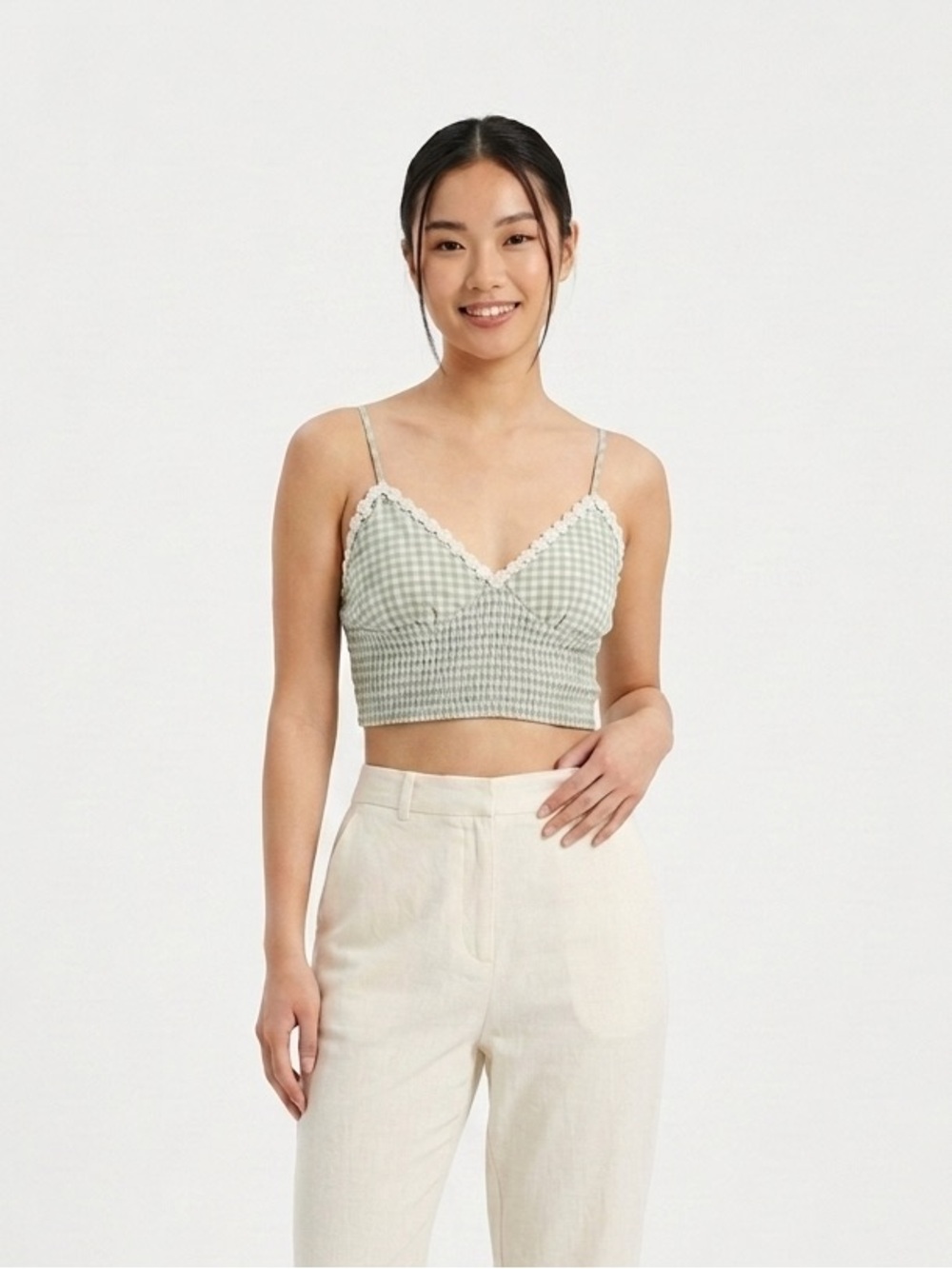 Lani + Kei Sage Gingham Plaid Smocked Bralette with Floral Trim Size Small